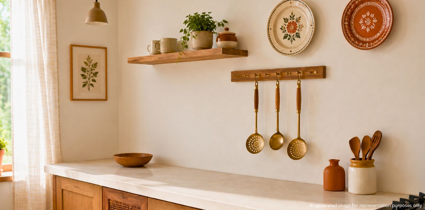 Modern Indian kitchen decor ideas featuring open shelving, decorative wall displays, warm lighting and colourful accents