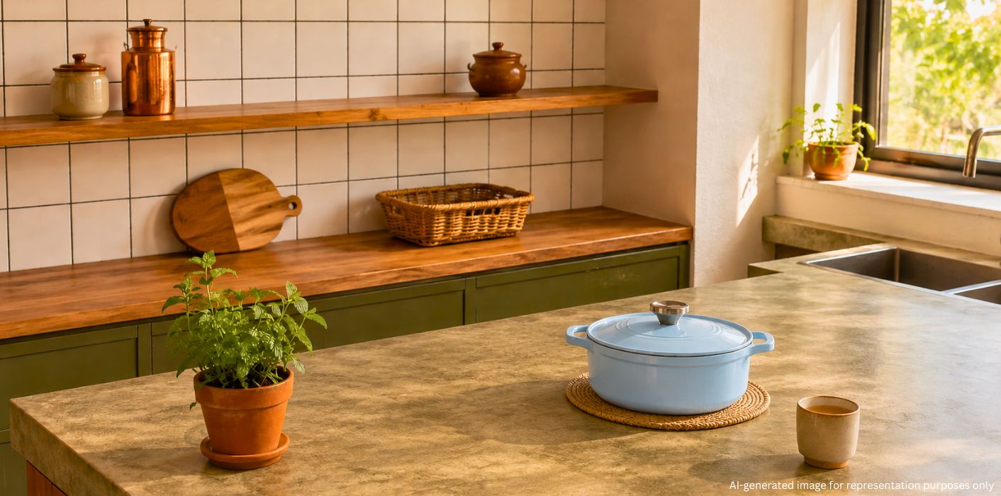 Kitchen decor ideas with brass cookware, natural wood, indoor plants and functional storage in an Indian kitchen