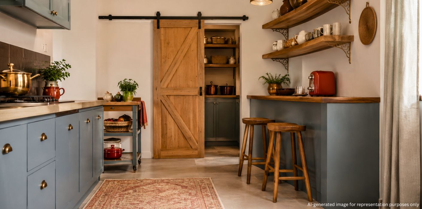 Contemporary Indian kitchen decor ideas with barn door, bar stools, kitchen trolley and rustic design elements