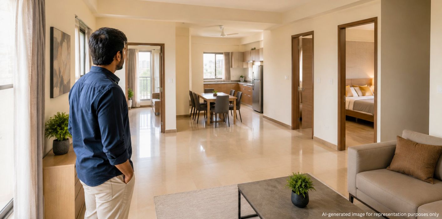 Homebuyer evaluating usable carpet area in a modern apartment
