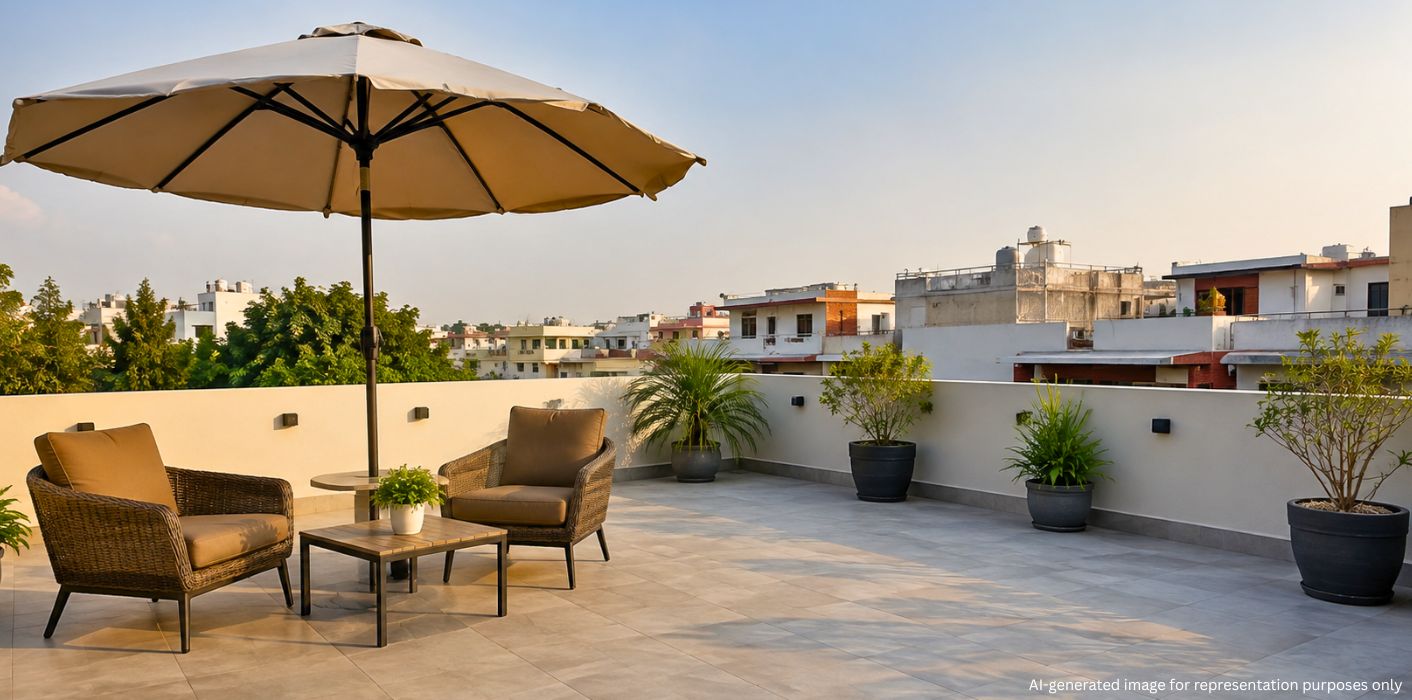 Low-cost rooftop seating area with outdoor shade