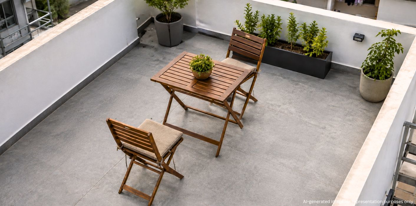 Minimal rooftop with seating, plants and outdoor dining setup