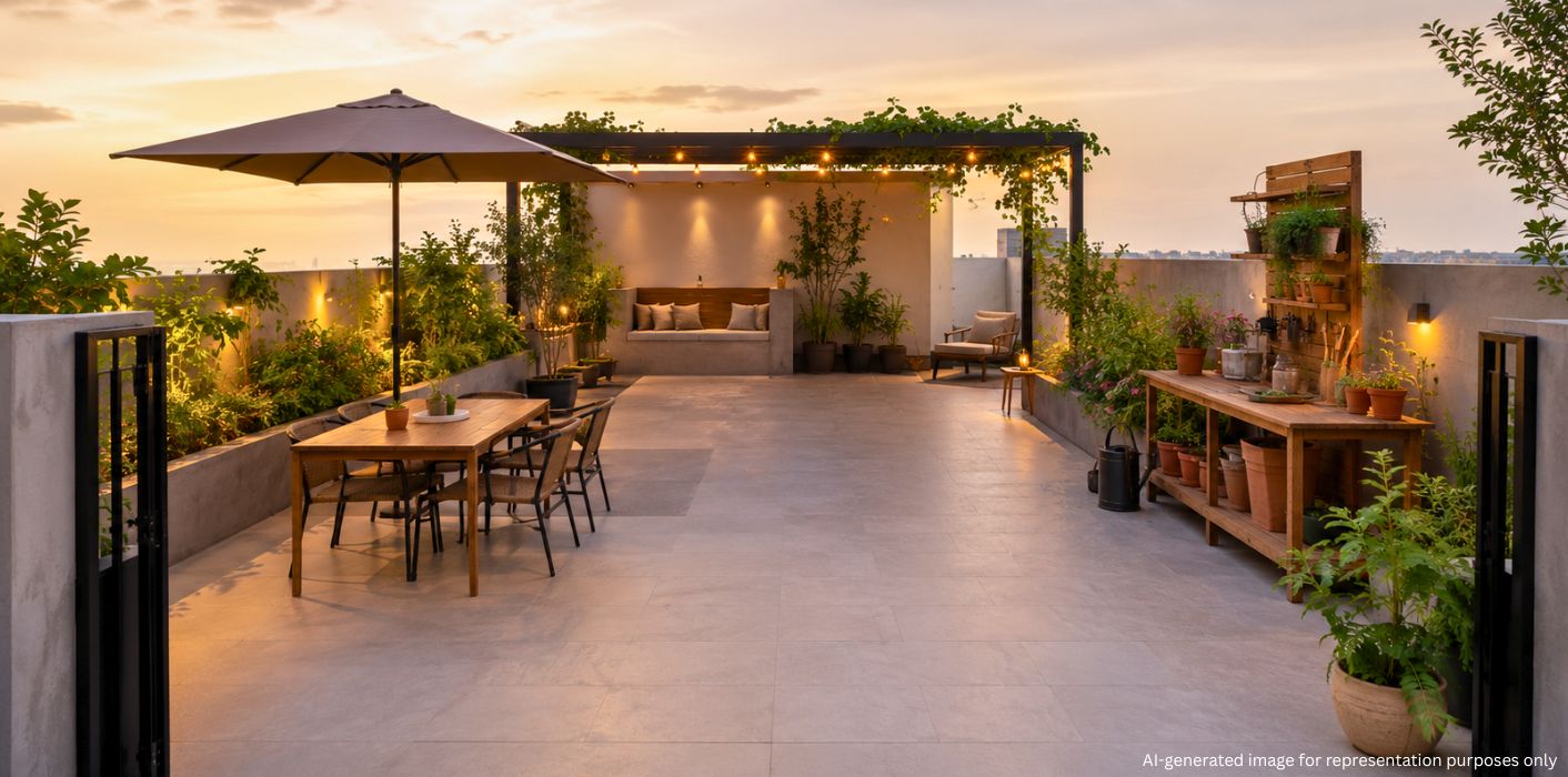 Minimal rooftop with seating, plants and outdoor dining setup
