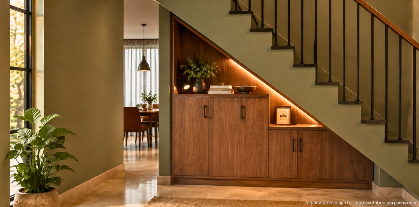 Compact pantry and storage under a modern staircase