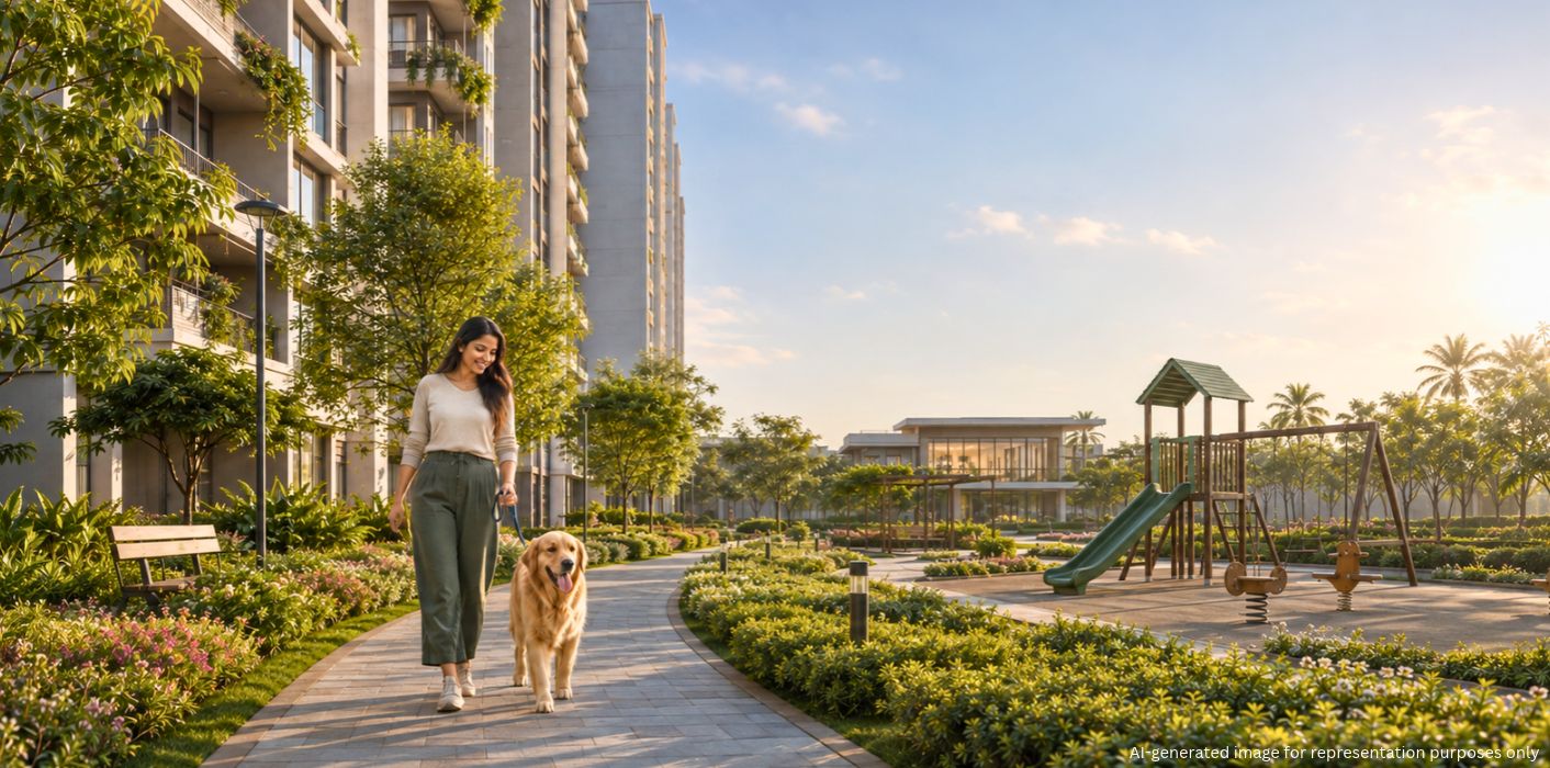 : Green pet-friendly residential community with dedicated pet area