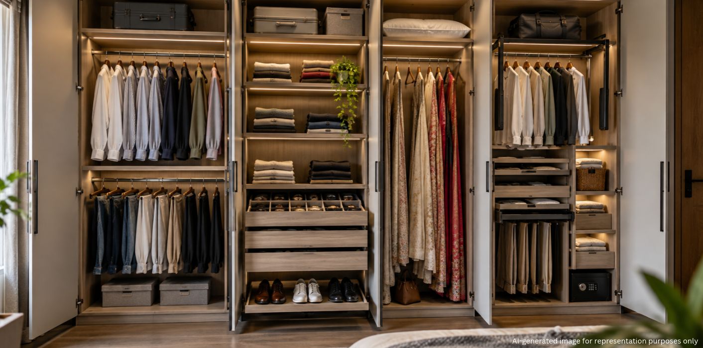 Modular wardrobe interior with drawers, shelves and organisers