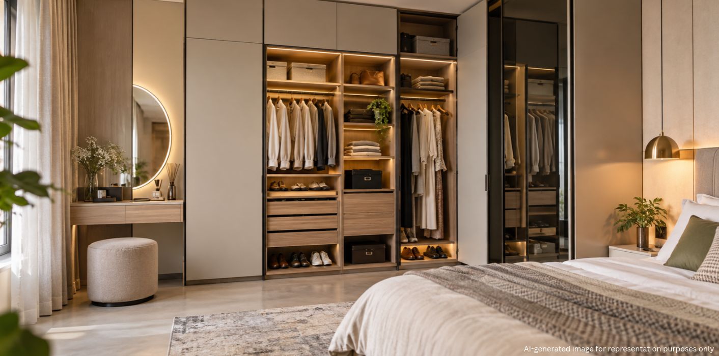 Contemporary bedroom wardrobe with mirrored doors and LED lighting