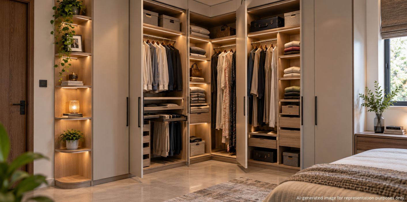L shaped wardrobe with loft storage in a bedroom